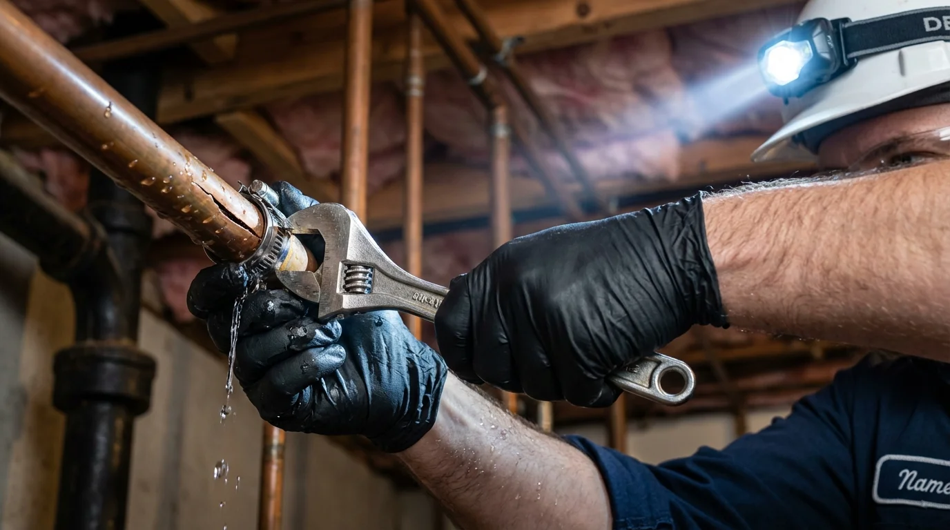 Emergency pipe clamp repair being performed by a Johns Plumbing LLC plumber in Rossville