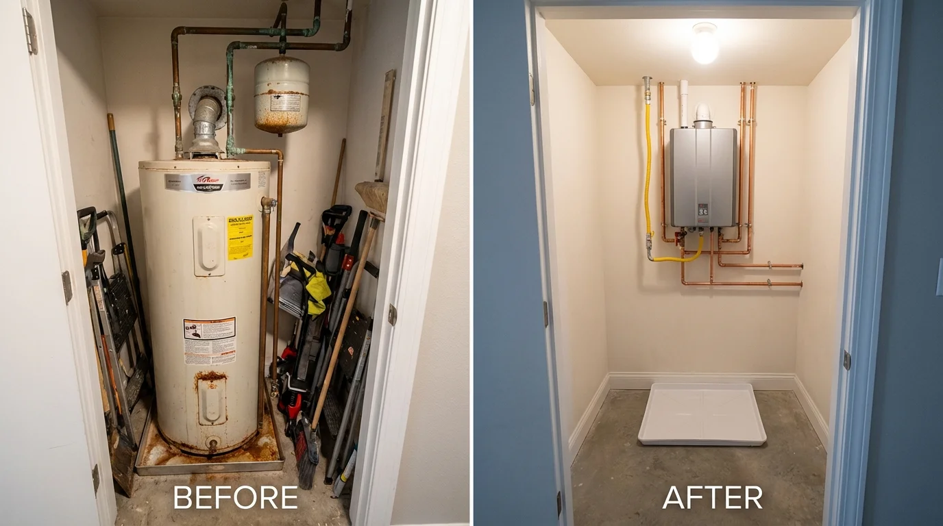 Tank water heater versus wall-mounted tankless unit comparison for Rossville, KS homeowners