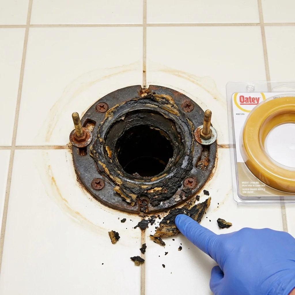 Failed wax ring showing water seepage at the base of a toilet in a Rossville, KS home