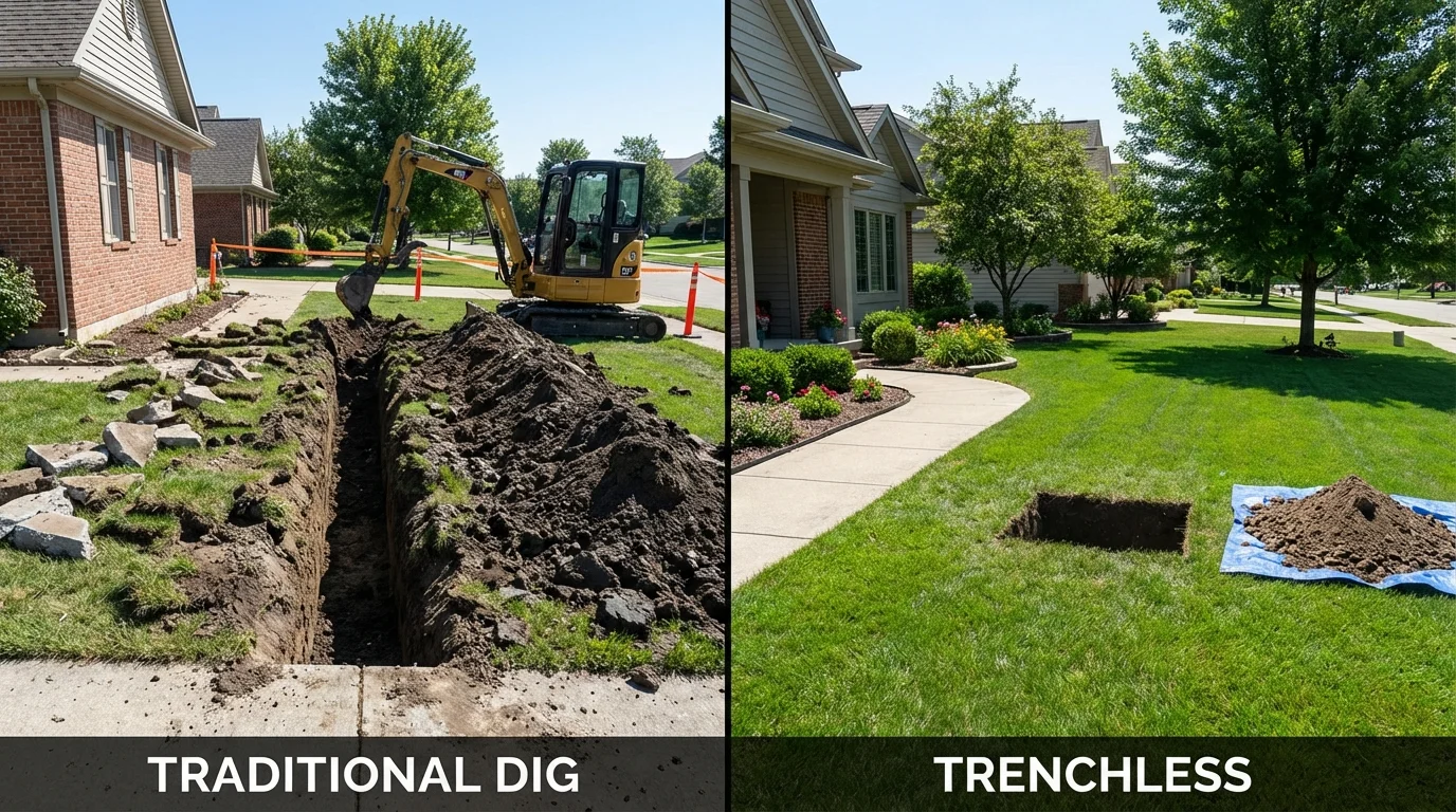 Trenchless sewer repair with minimal yard damage versus traditional excavation in Rossville, KS