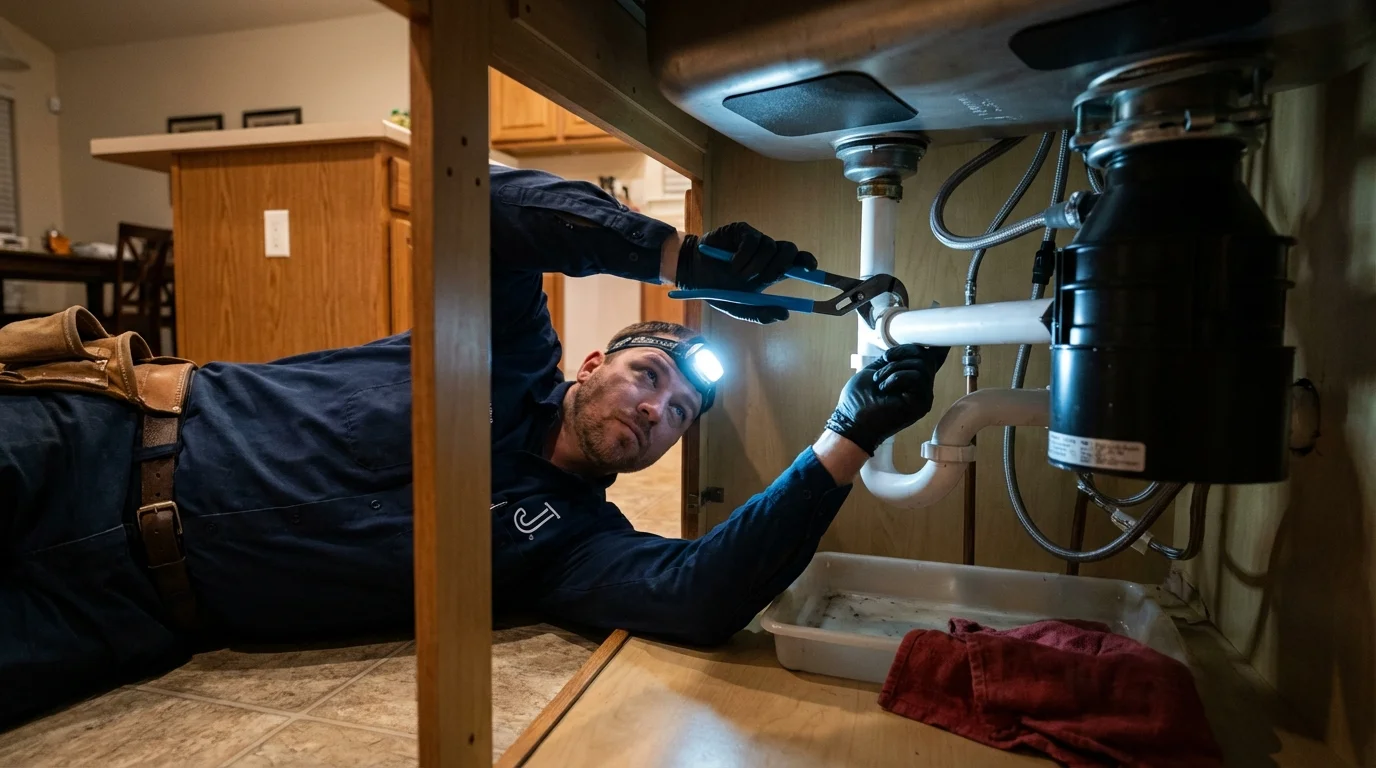 P-trap and supply line connections under a kitchen sink showing a common leak point in Rossville, KS